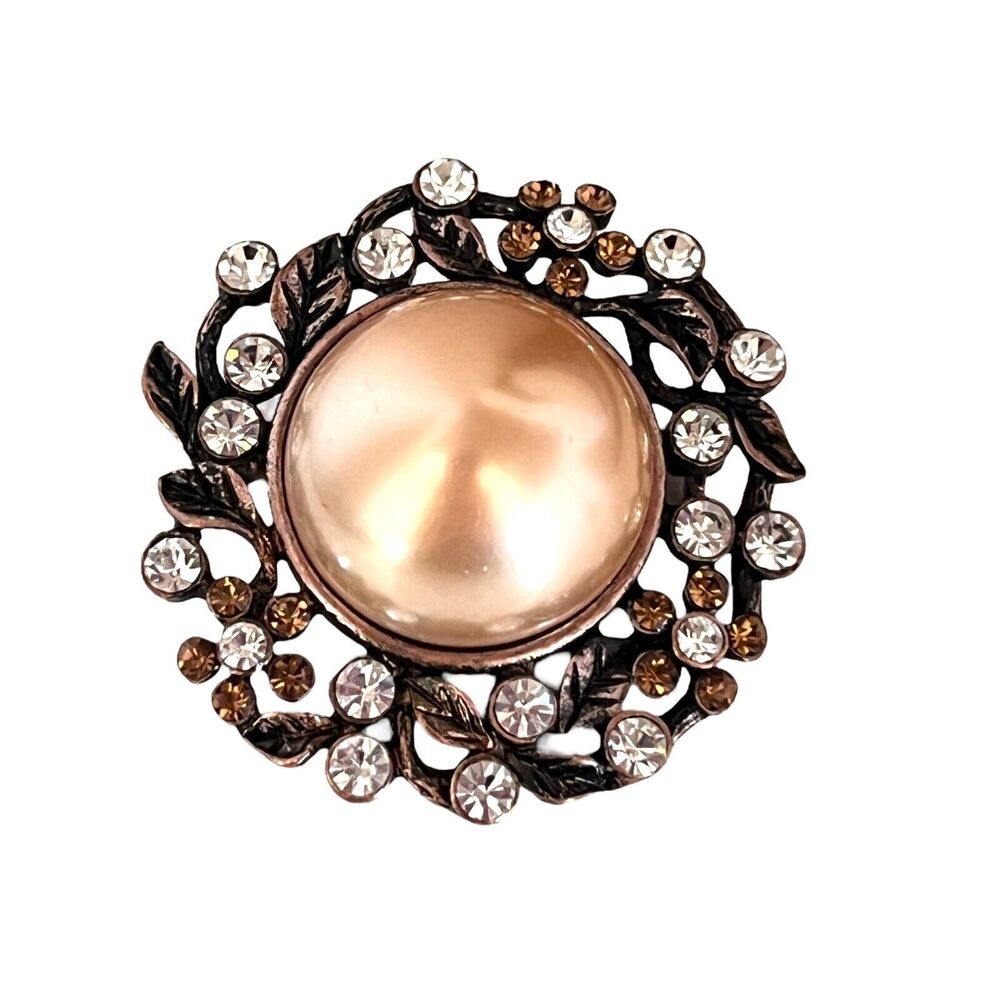New Antique Copper Tone Pin Faux Pearl Crystals Figural Brooch 2G